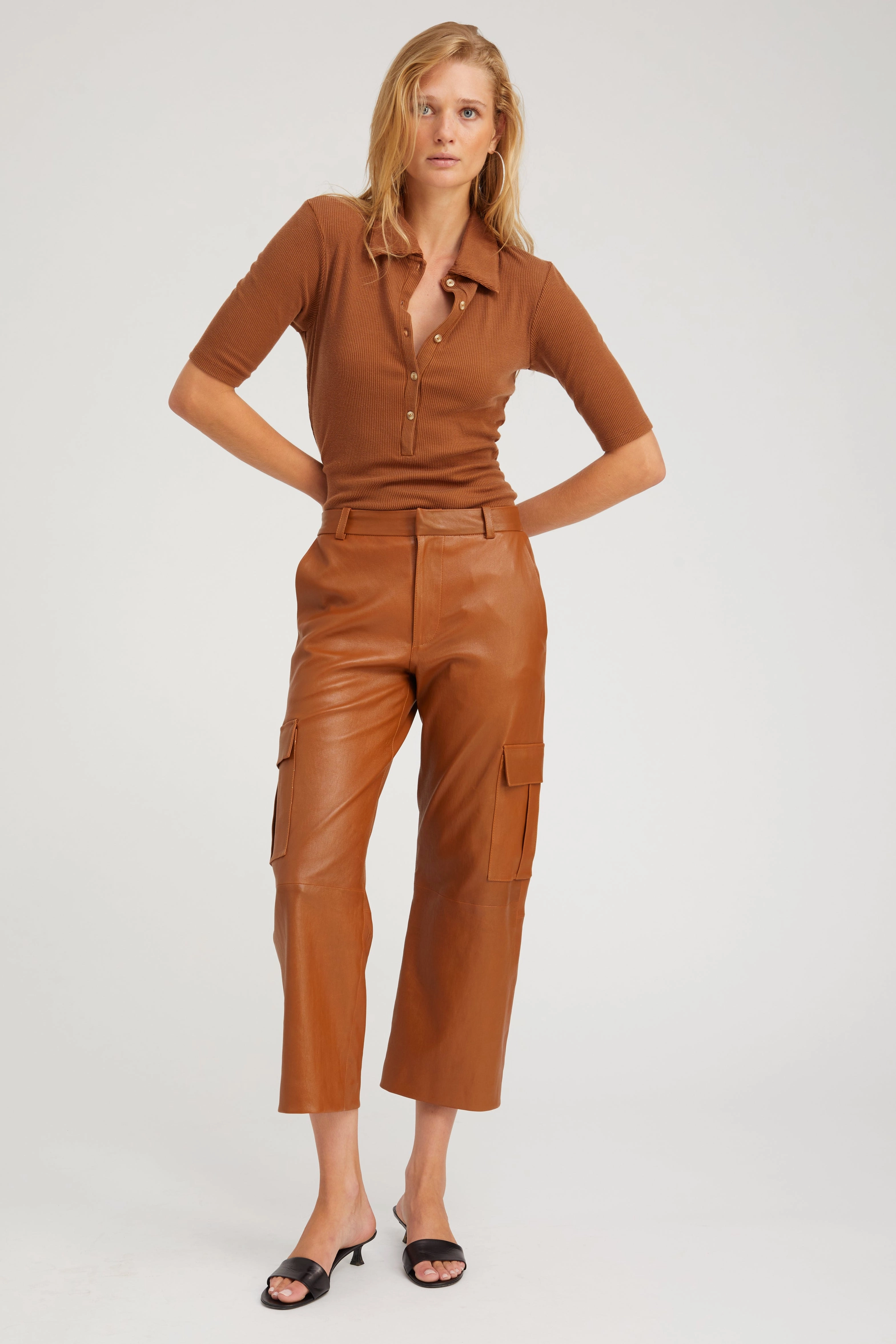 Chestnut Rib Mid Sleeve Polo Top RecycledPolyesterBlend DoubleStitched Hemming