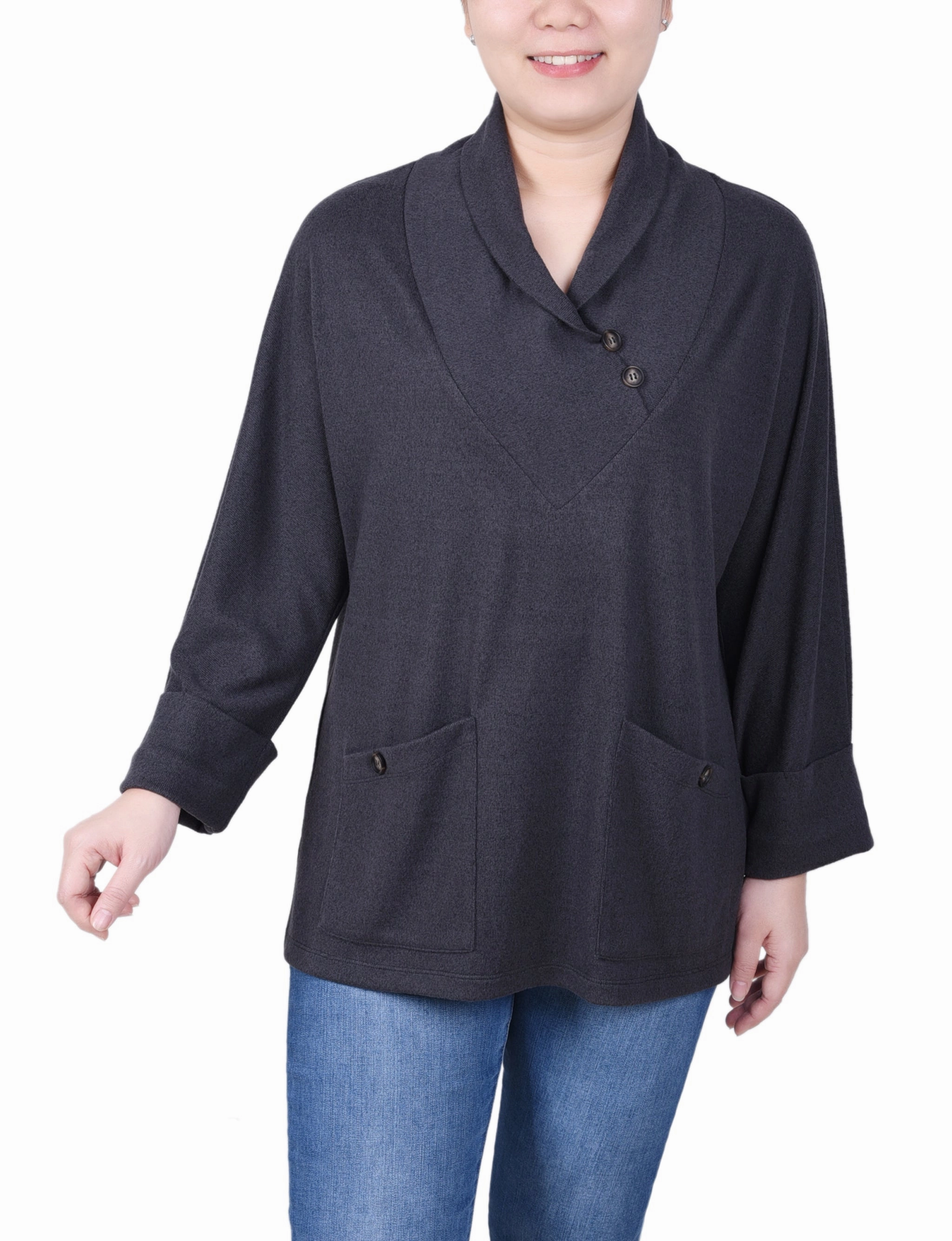 ReinforcedShoulders Brushed Inner Layer Long Sleeve Shawl Collar Top With Pockets