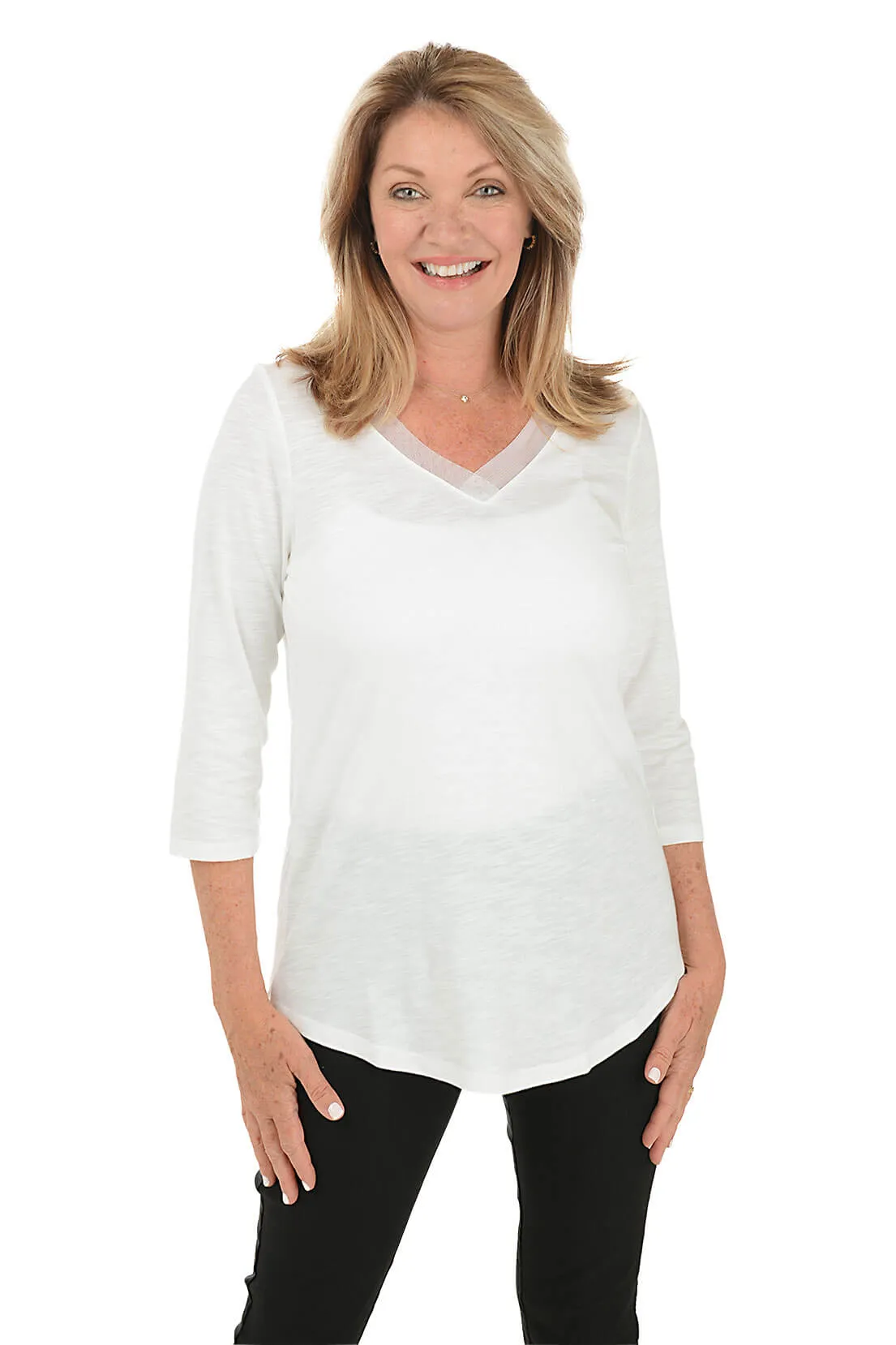 Mesh V-Neck 3/4 Sleeve Top Wind Resistant Fabric