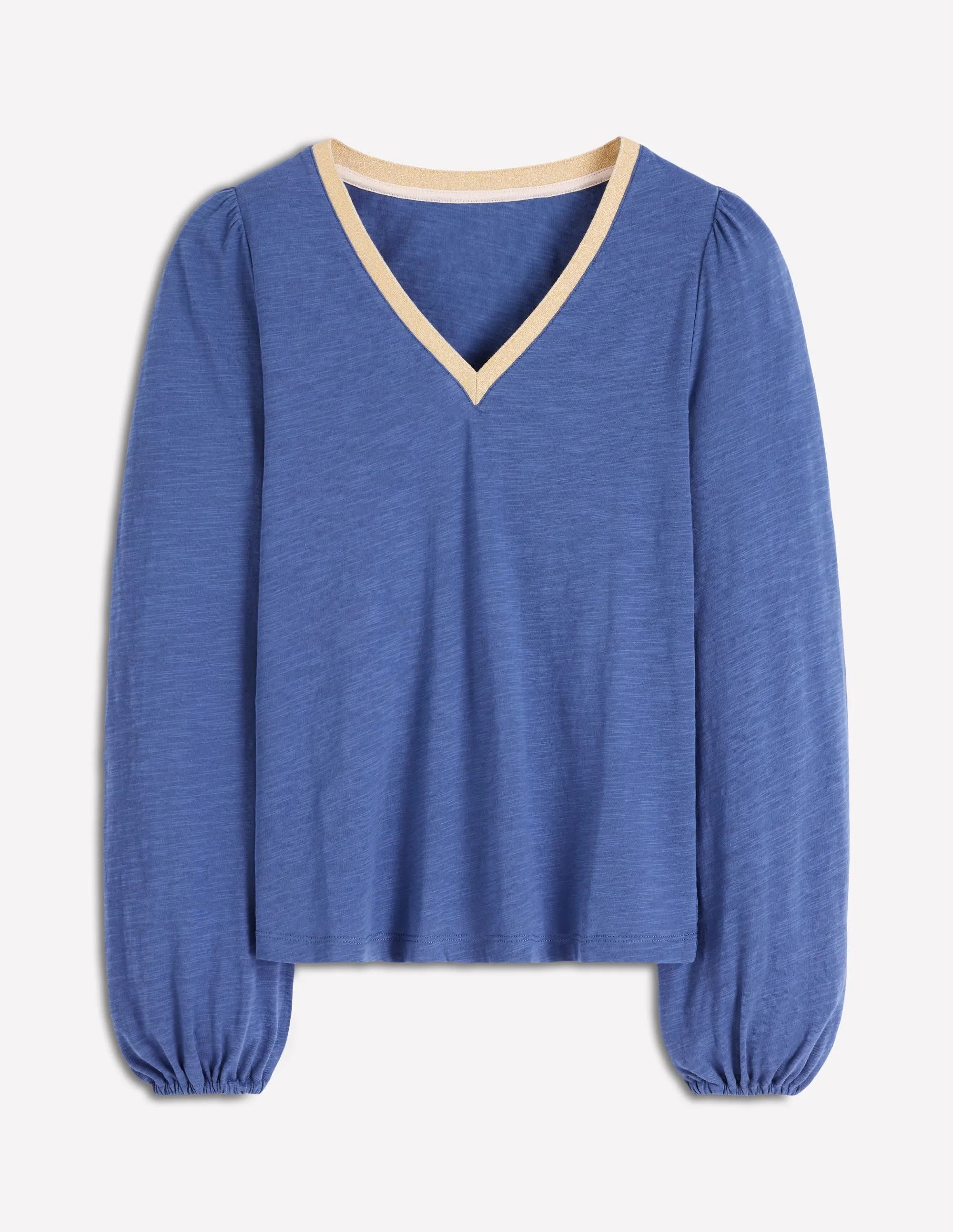 Metallic Trim Long Sleeve Top-True Navy Durable Hem Stitching