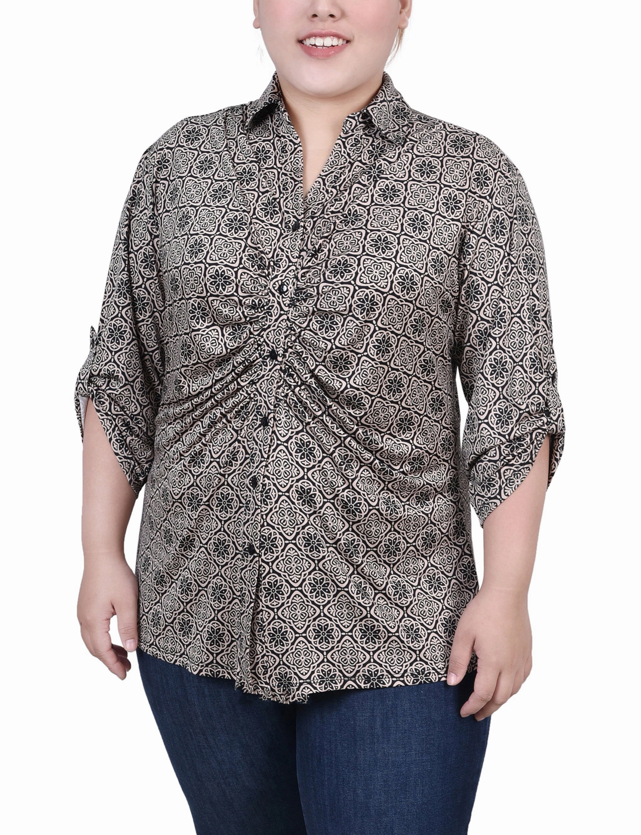 Plus Size 3/4 Roll Tab Rouched-Front Top MeshVentilation