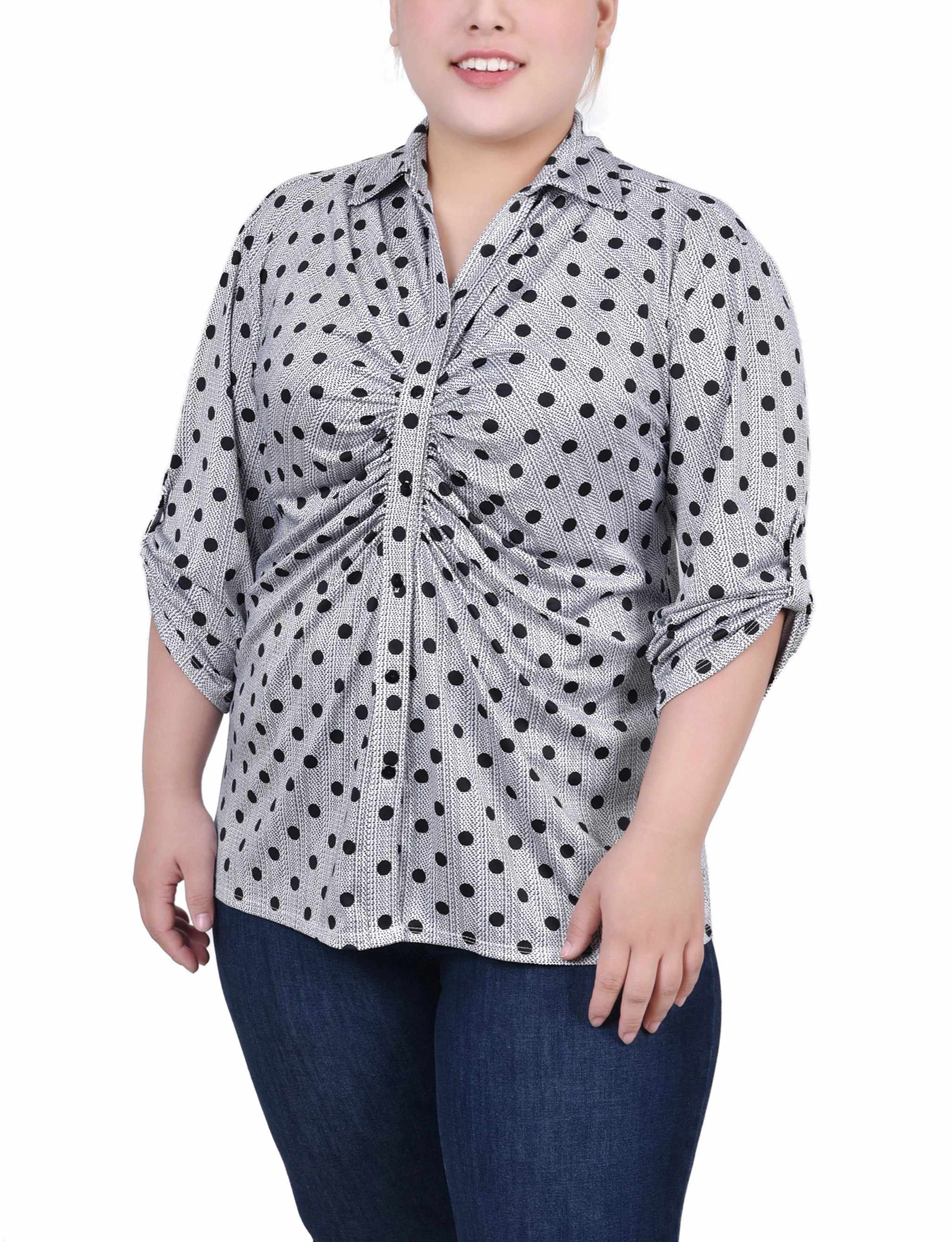 Plus Size 3/4 Roll Tab Rouched-Front Top Basic Long Sleeve