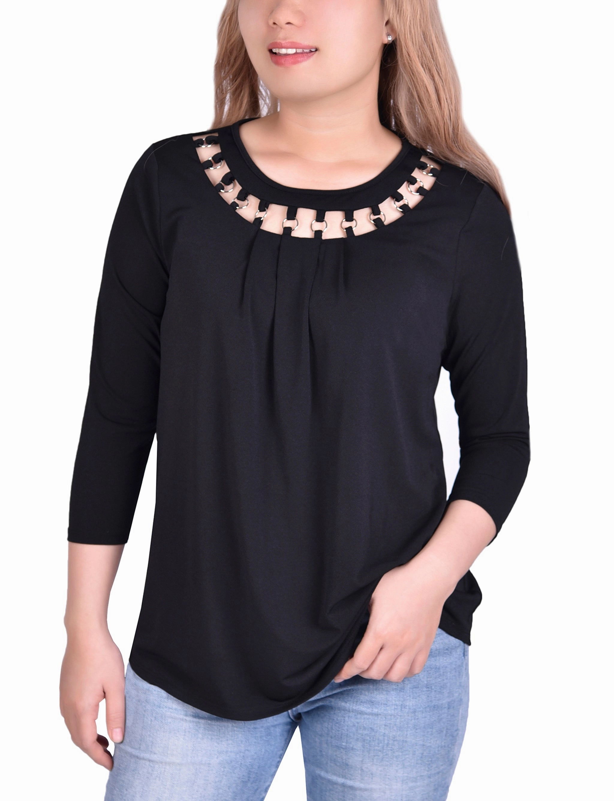 3/4 Sleeve Top With Cutout Ringed Neckline All-Purpose Wear RibbedNeckline