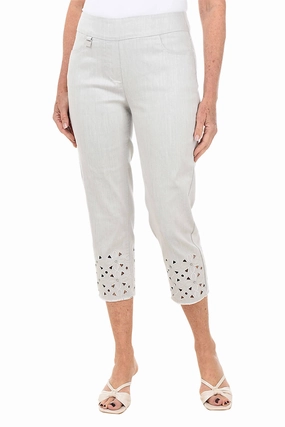 Rhinestone Flower Eyelet Hem Denim Capri Pant Basic Stretch ElasticCuffs