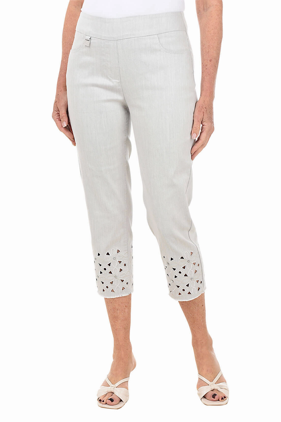 Rhinestone Flower Eyelet Hem Denim Capri Pant CompressionSupport