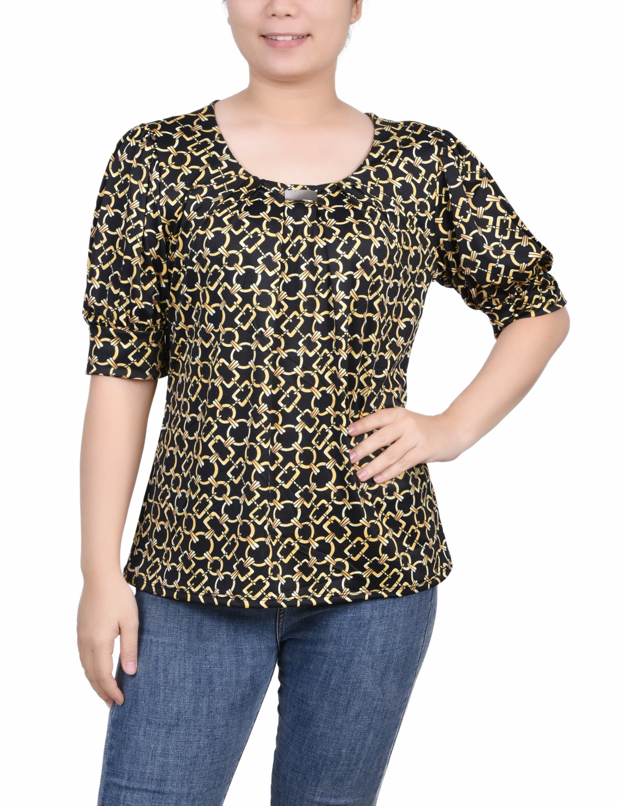 Petite Short Sleeve Balloon Sleeve Top DoubleLayered Collar