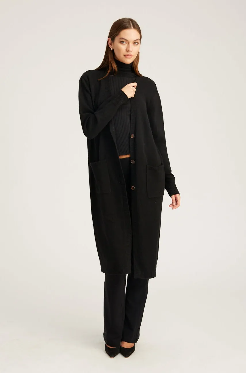 Black Cashmere Long Cardigan NonIrritating Stitching