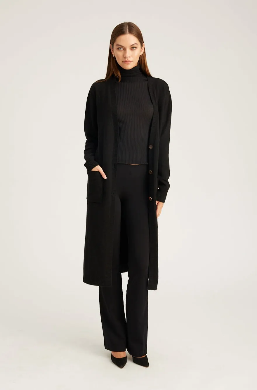 Black Cashmere Long Cardigan Relaxed Sweatshirt Layered Hem Reinforcement