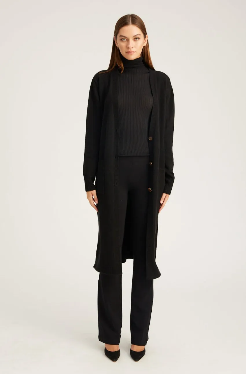 Black Cashmere Long Cardigan Raglan Sleeve