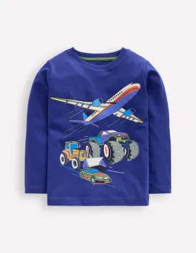 Layered Collar Structure Long Sleeve Printed T-shirt-Sapphire Blue Vehicles