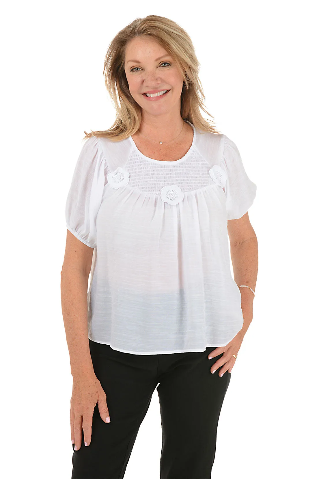 Heather Effect Finish Water resistant coating Floral Applique Smocked Yoke Blouse