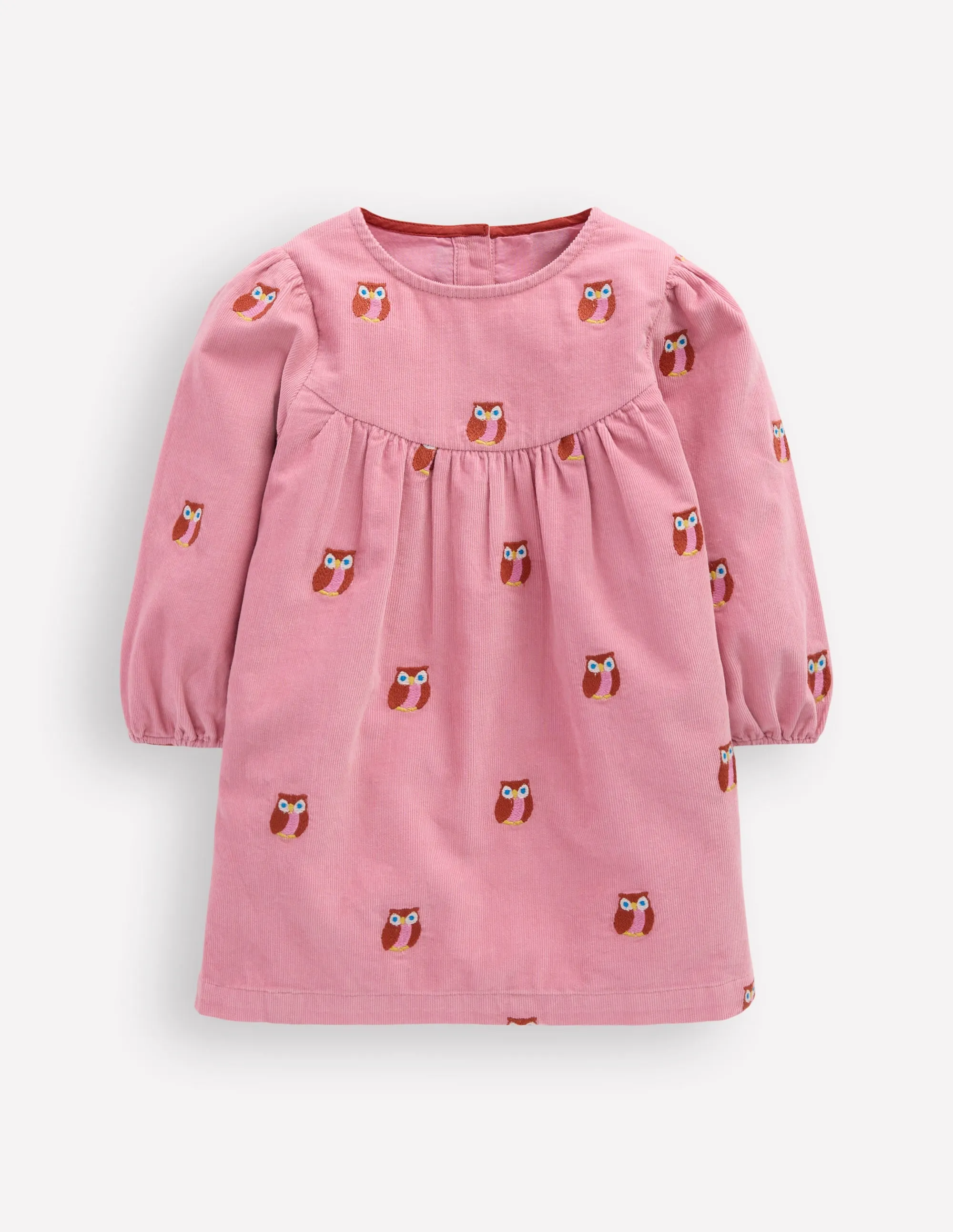 Yoke Detail Woven Dress-Pink Embroidered Owls Soft Shine
