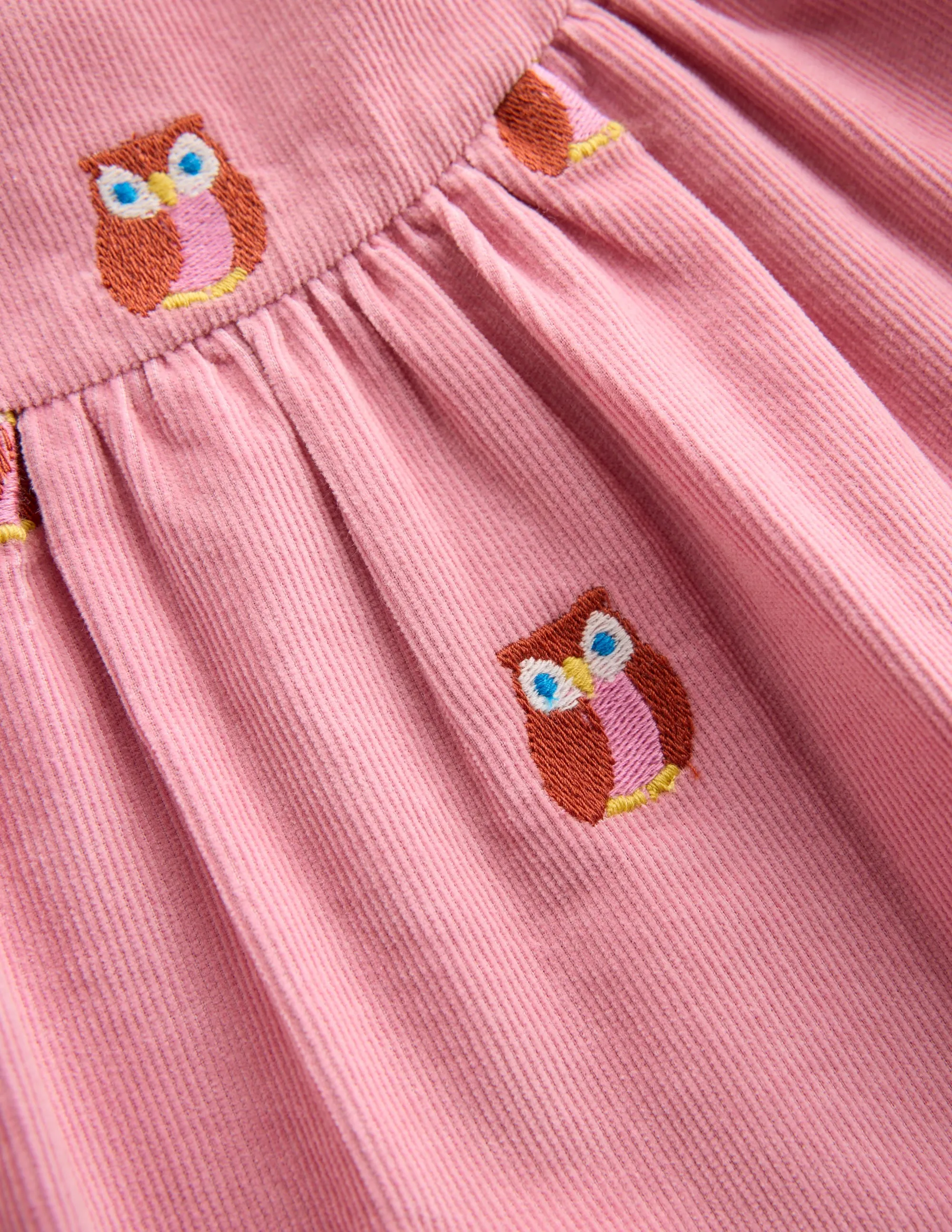 Polite Color Chilly Comfort Yoke Detail Woven Dress-Pink Embroidered Owls