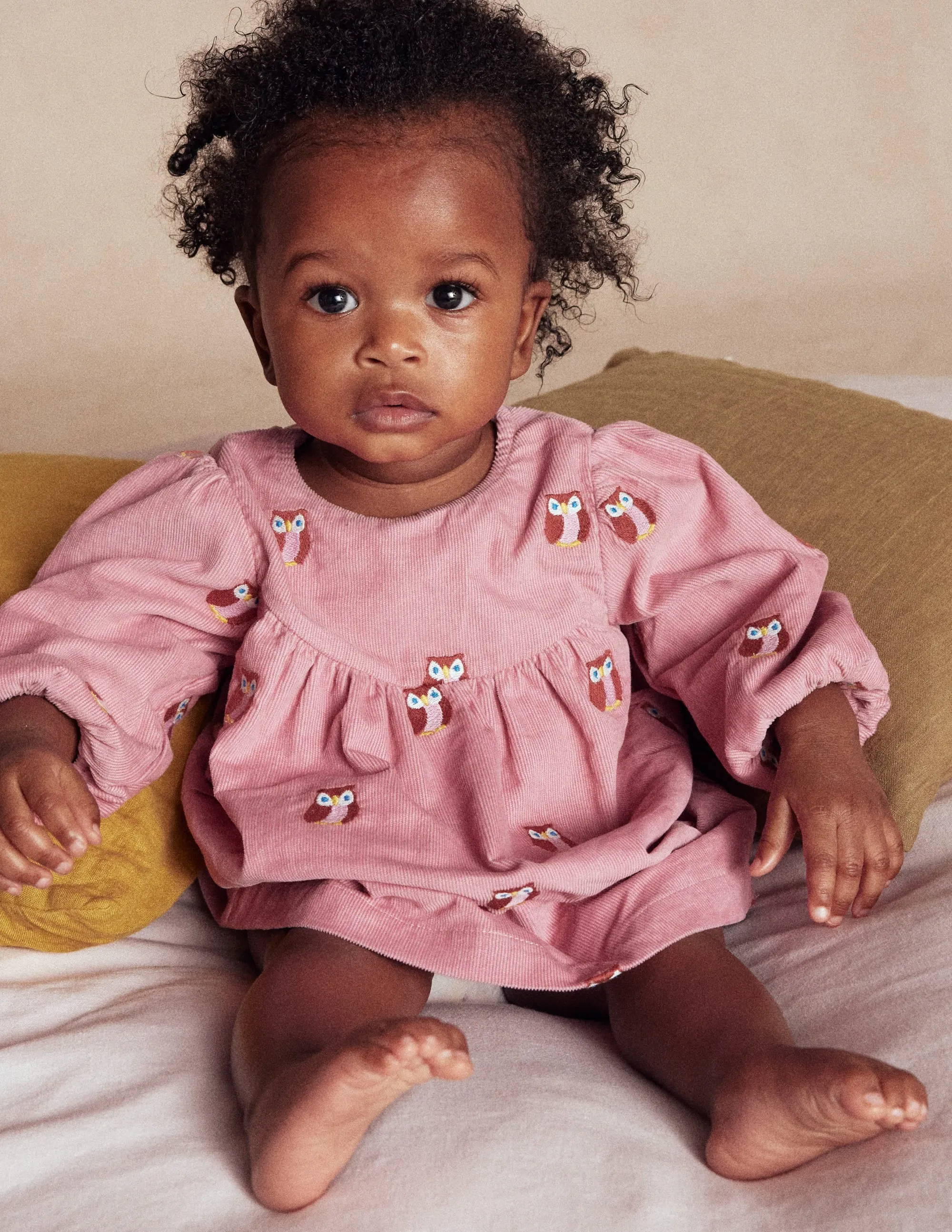 StretchableKnit Yoke Detail Woven Dress-Pink Embroidered Owls