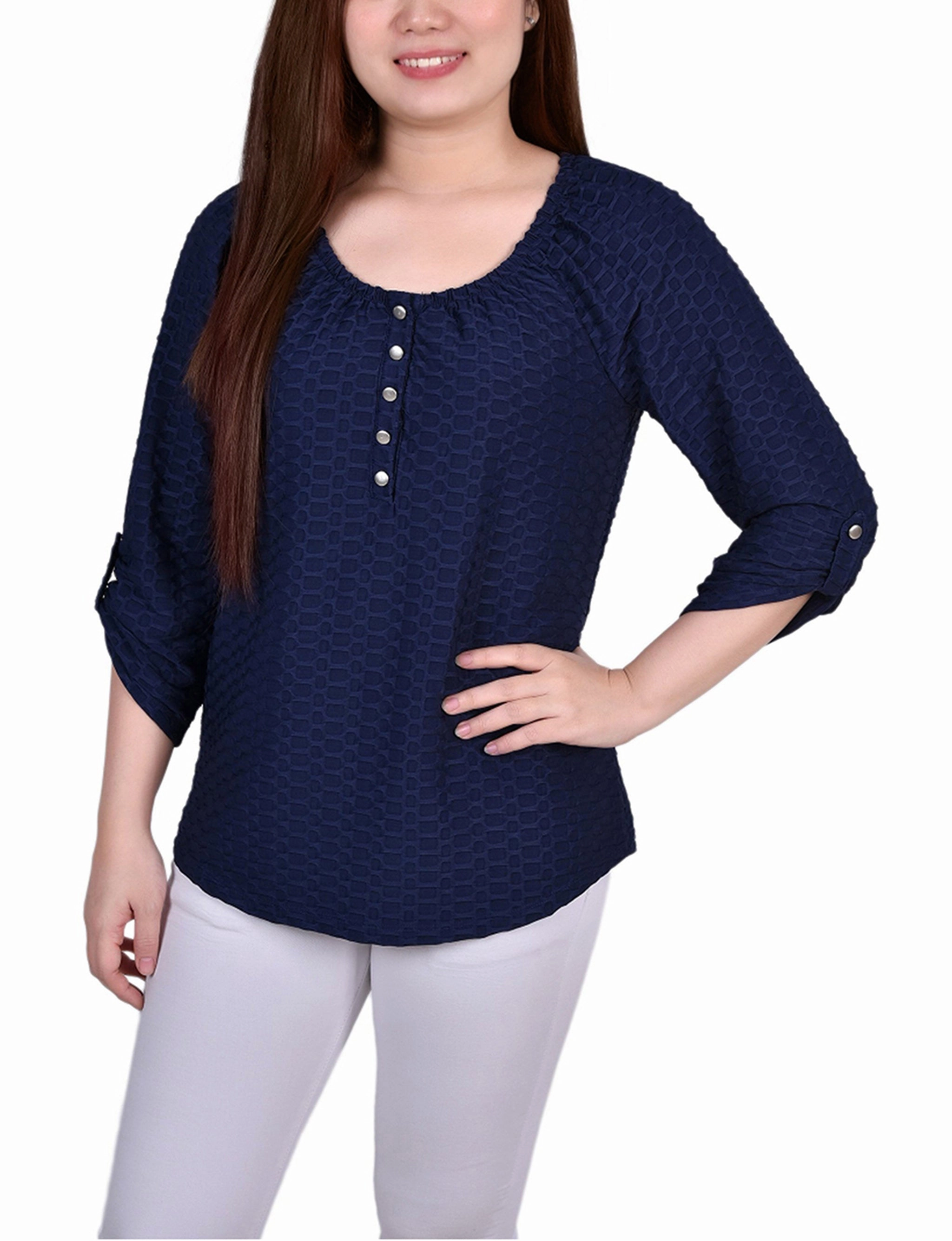 YarnDyeStripe Petite 3/4 Sleeve Honeycomb Top