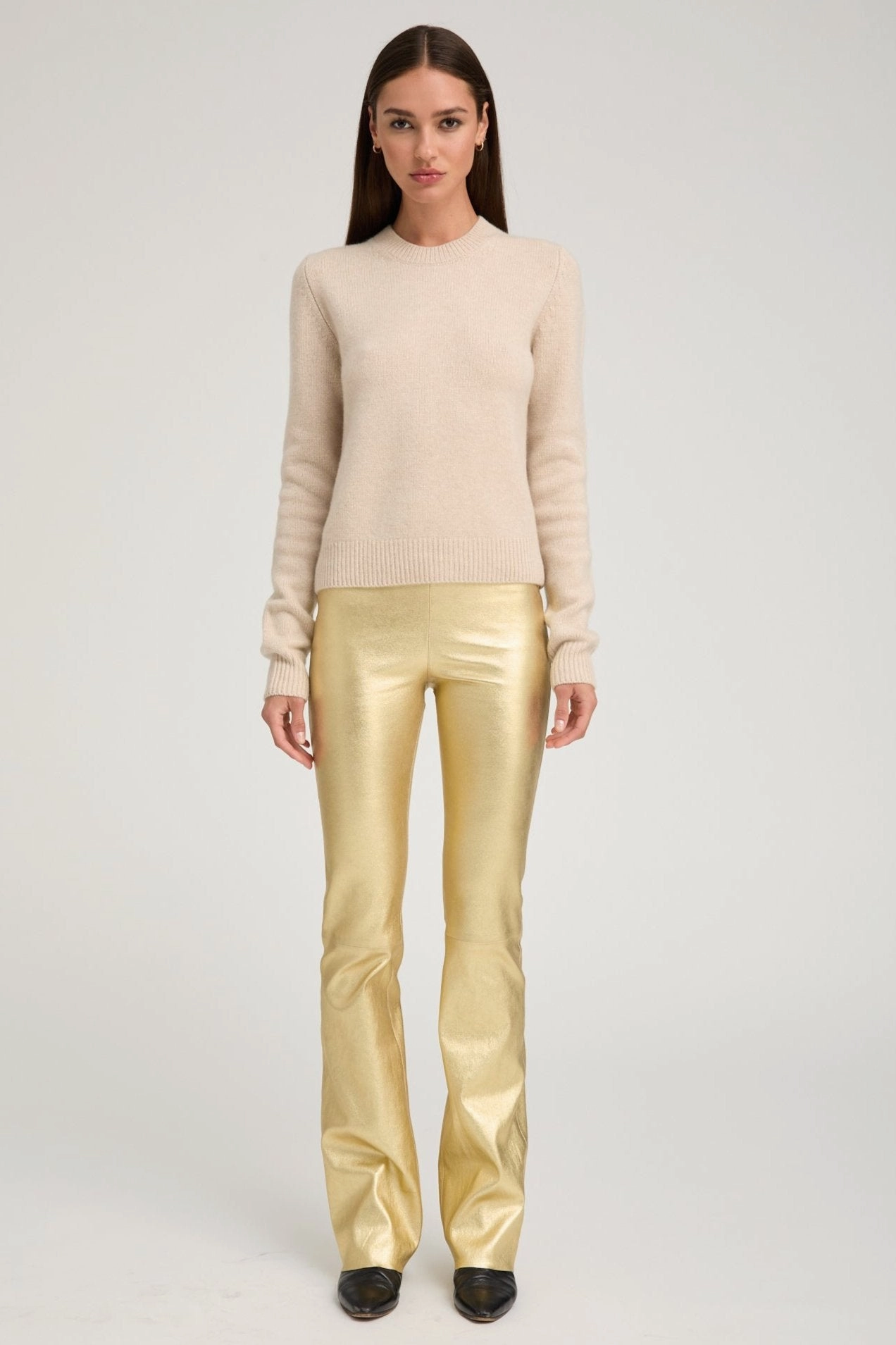 Modern Cut Yoga Class Beginner Level Metallic Gold Leather Micro Flare