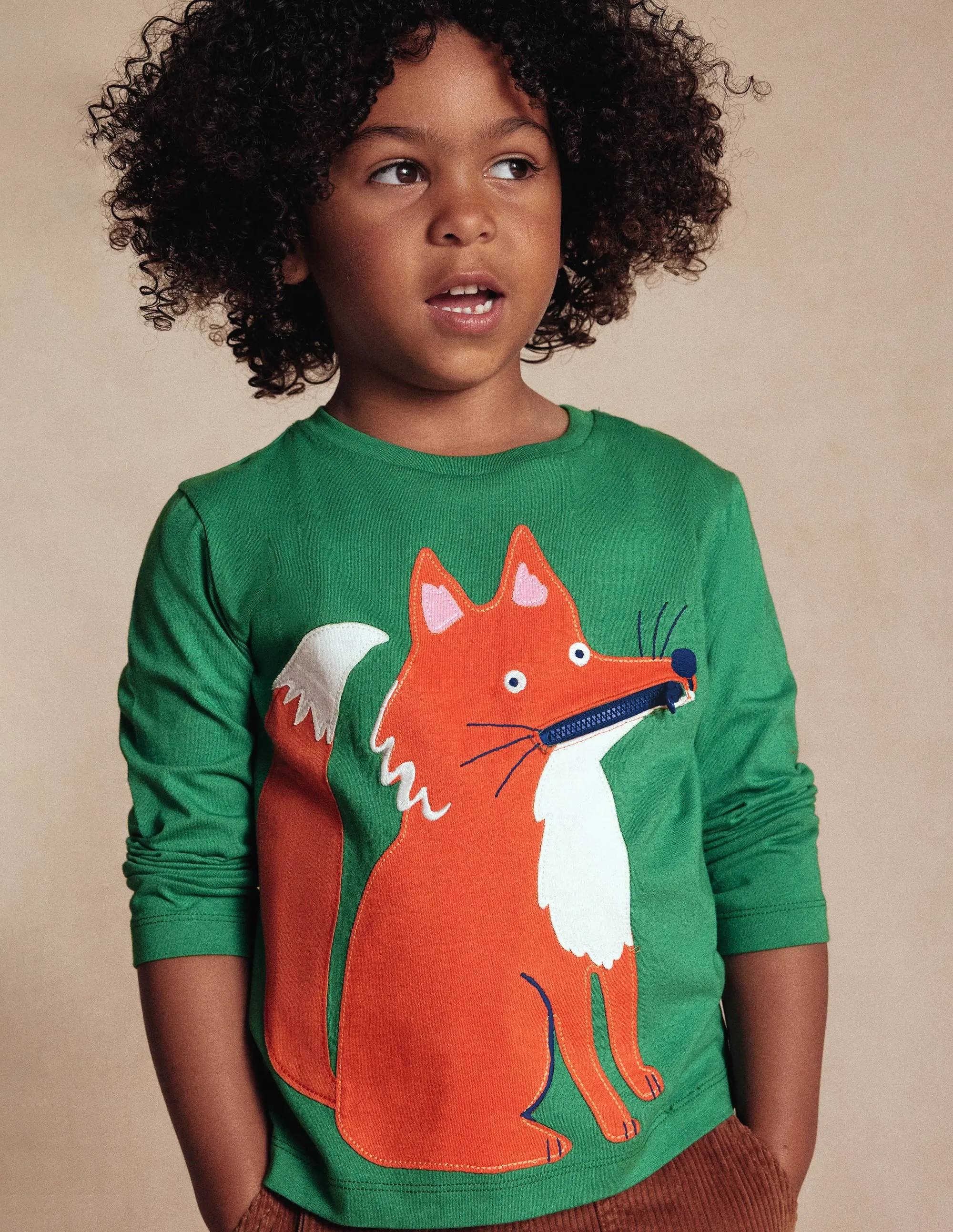 Zip Detail Appliqu T-shirt-Shady Green Fox Loose Sweater Double Needle Stitching