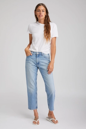 Victoria Cropped Straight Leg Denim Raw Edge Finish Wrinkle Free Weave